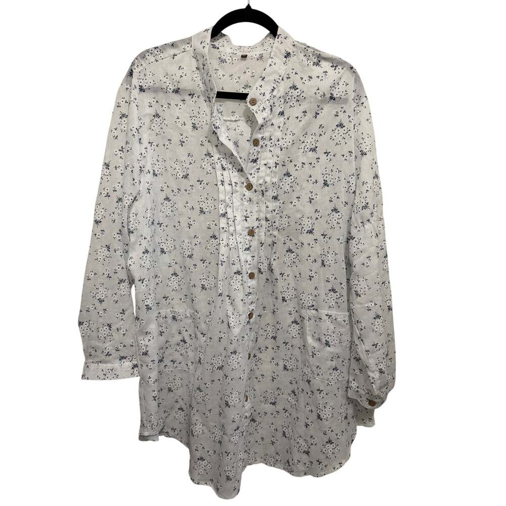 White Navy Blue Floral Button Front Tunic Blouse Long Sleeve Cottagecore Boho